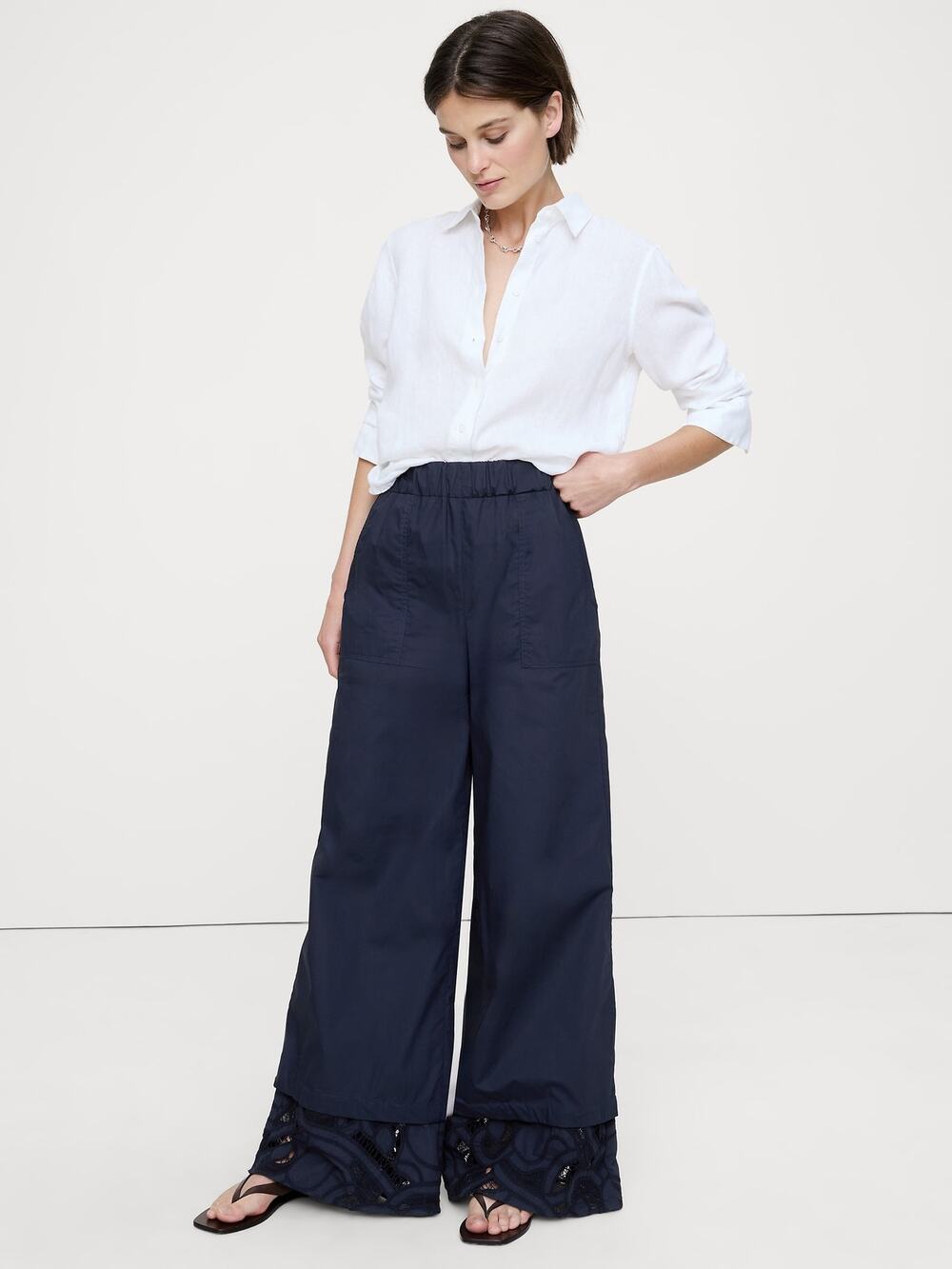 Banana Republic Navy Embroidered Cotton Poplin Pull-On Pants, Women's M TALL NWT